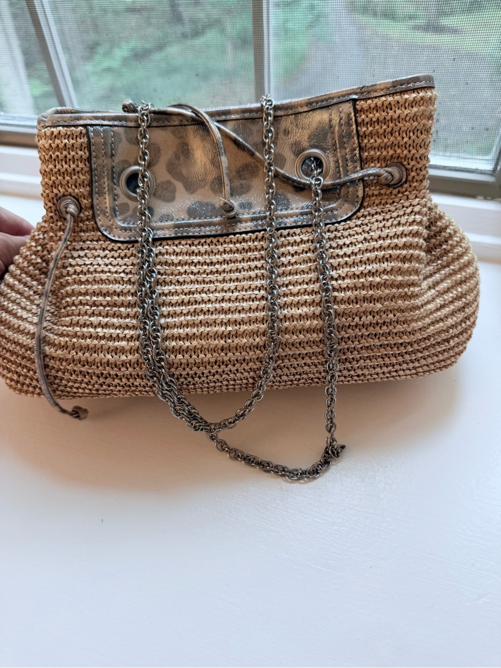 Annabel Ingall Metallic Leopard Raffia Woven Shoulder Bag Chain